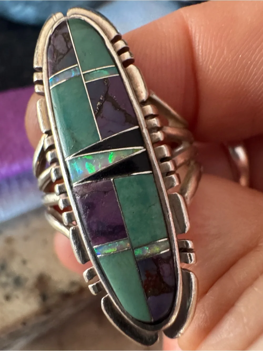 Handcrafted Sterling Silver  Ring with Green and Purple Gemstones